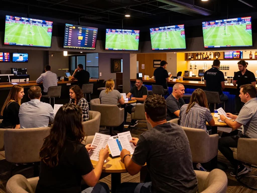 SBOBET sports bettors engaged in live action, analyzing odds and events in a vibrant lounge atmosphere
