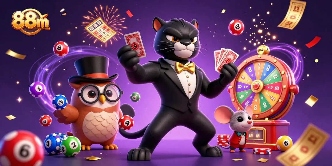 88m displays a stylized panther and owl engaging in lively casino action with poker chips and confetti.