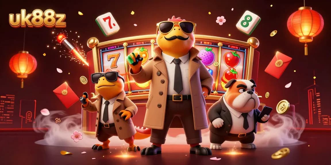 uk88z players spin slot reels with raptors in trench coat while bouncer guards the VIP lounge