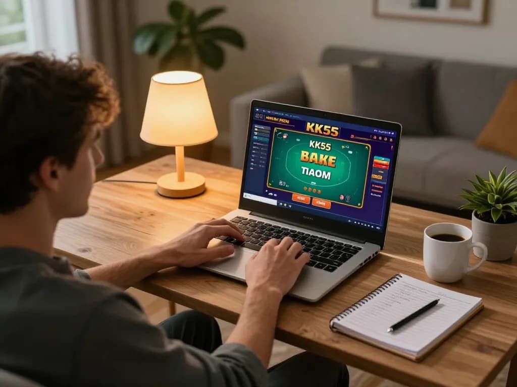 Player enjoying KK55 online poker session at home with strategic notes and cozy atmosphere