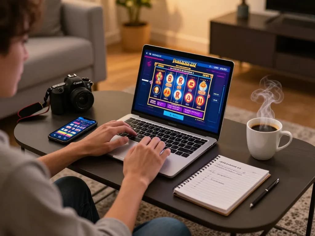 Player enjoying online slot games at home with 32win interface visible on laptop.
