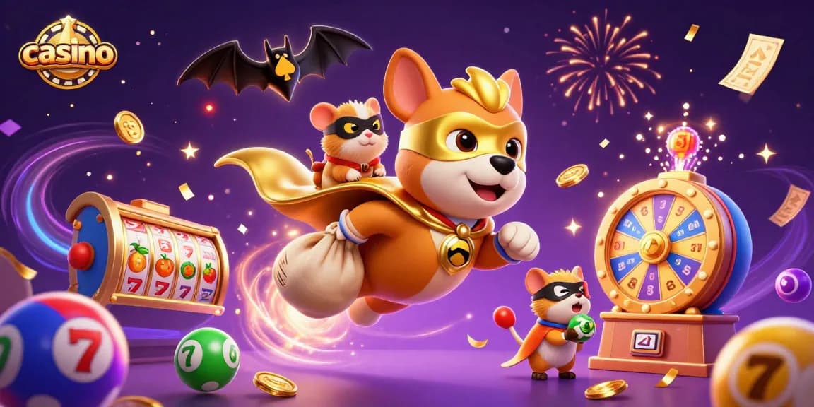 Experience thrilling casino action with a superhero dog and sidekick in vibrant 3D illustration.