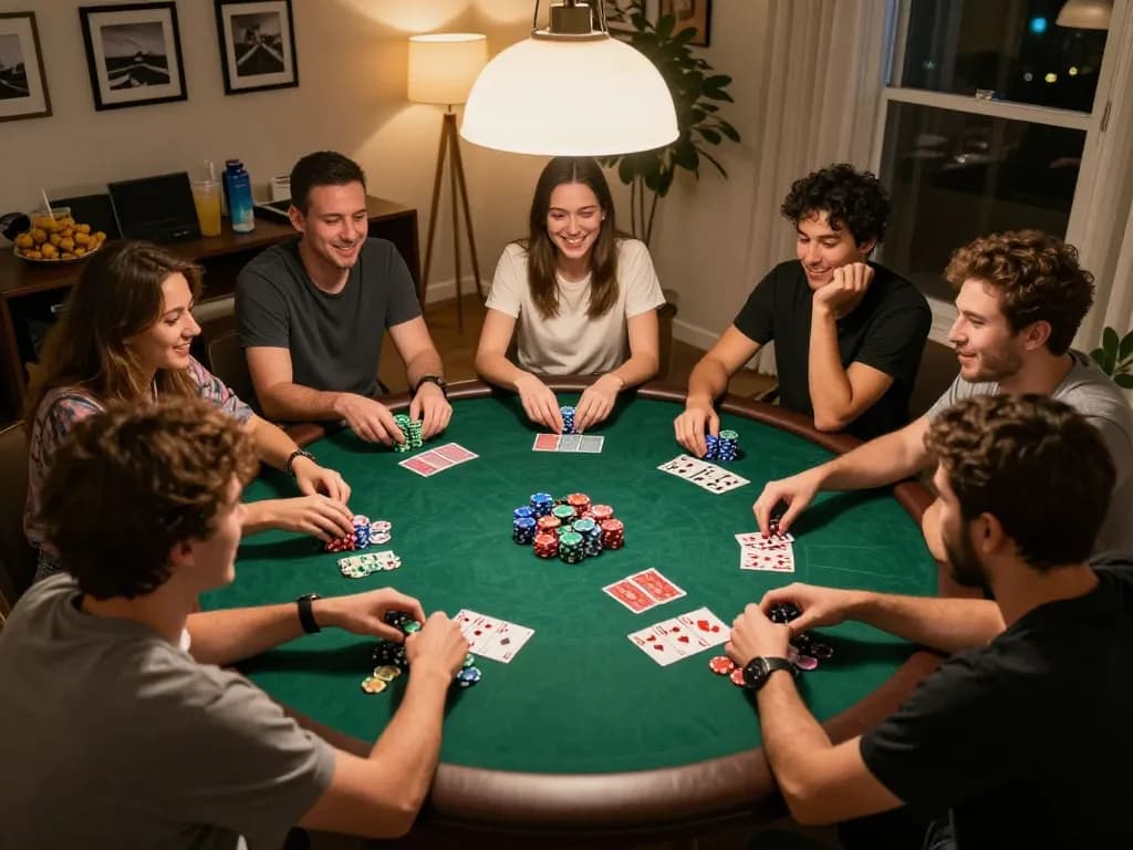 Kdslot players enjoying an engaging home poker night, surrounded by chips and laughing friends.