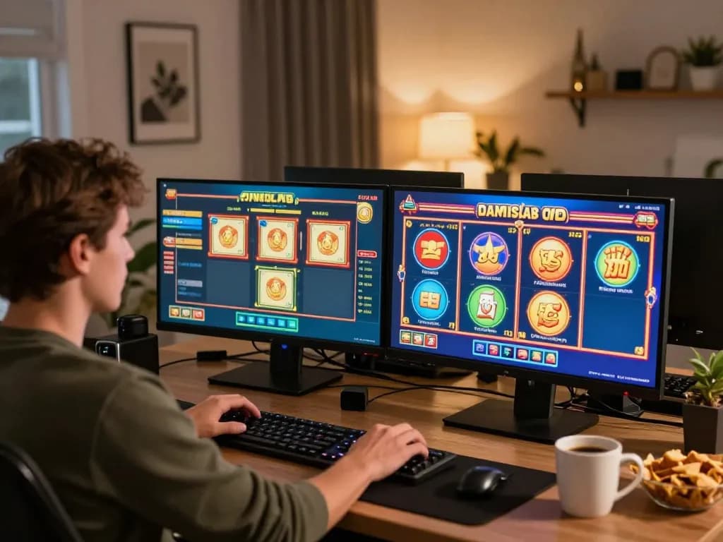 Engaging gaming session on situs gacor with interactive slot games on dual monitors, cozy home atmosphere.