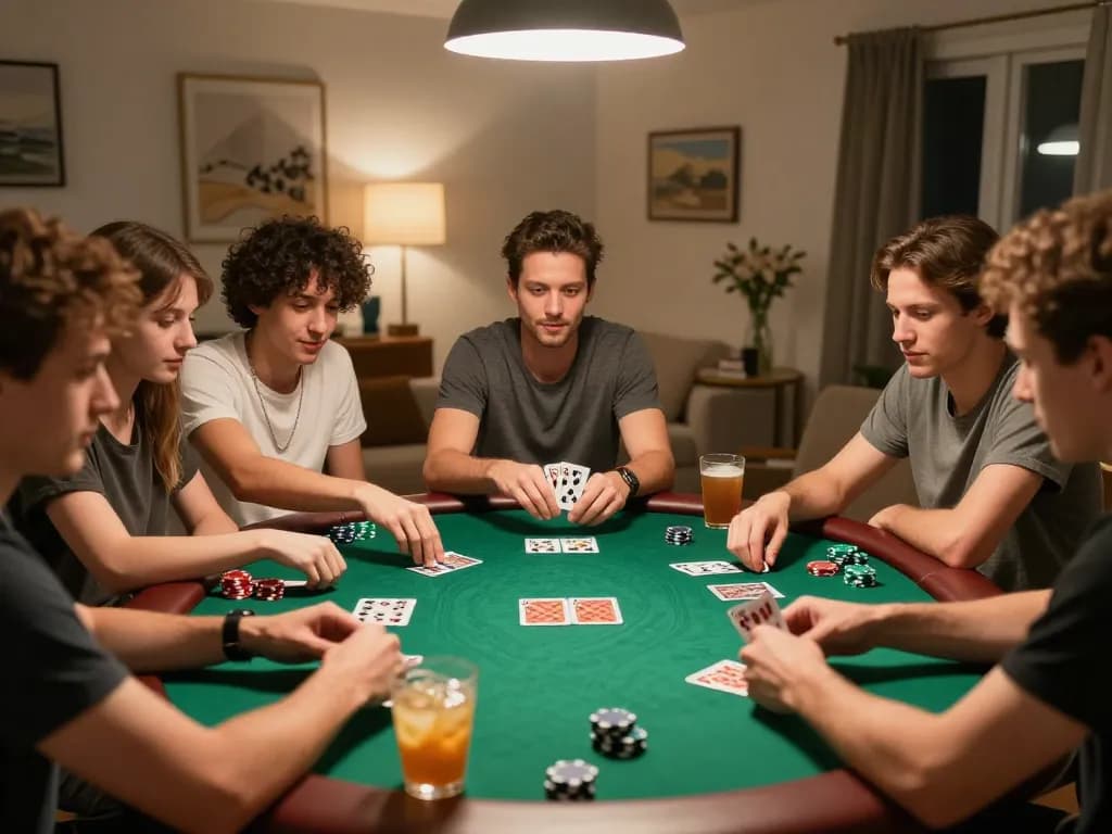 Friends play poker at home, enhancing their i9BET gaming experience with excitement and strategy.