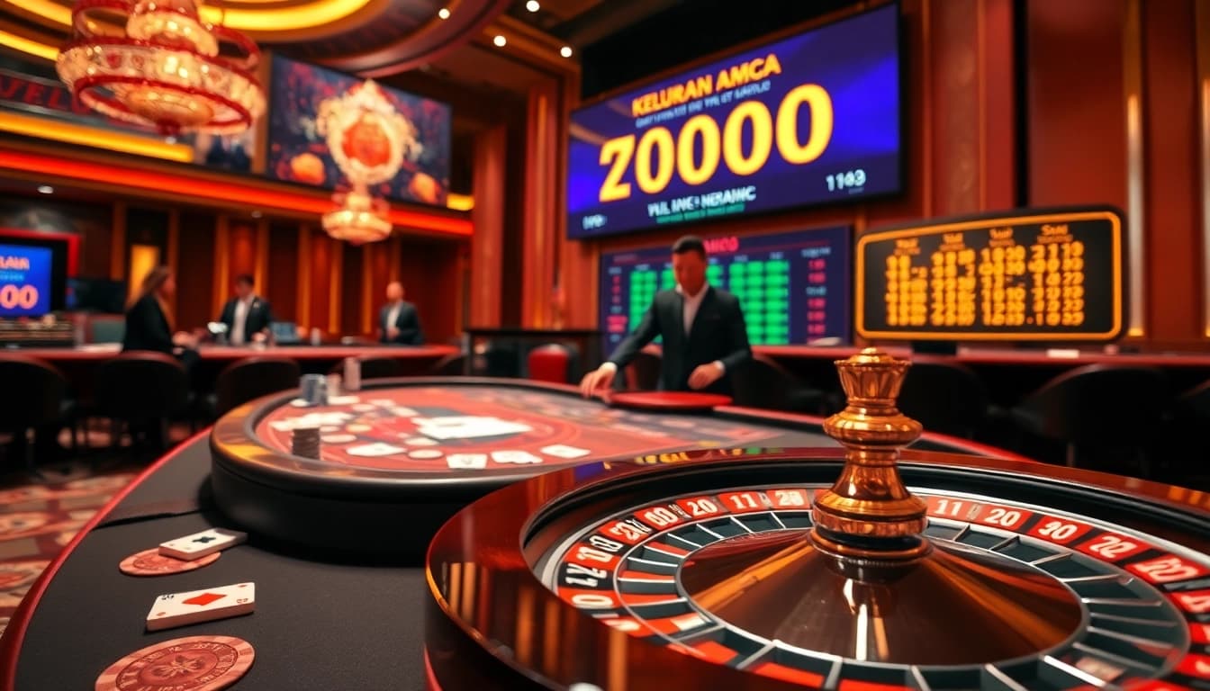 Check Keluaran Macau live draw results on an elegant casino table with roulette and cards.