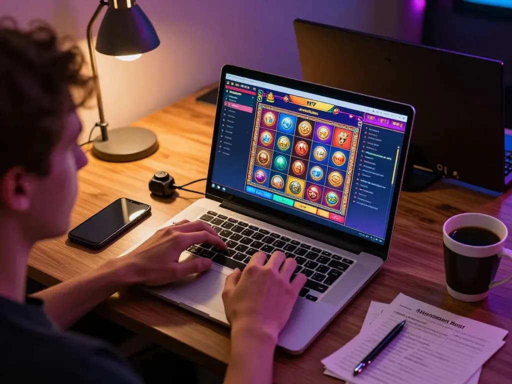 Player enjoying an engaging dinamit4d online casino game on a laptop at home with strategic notes
