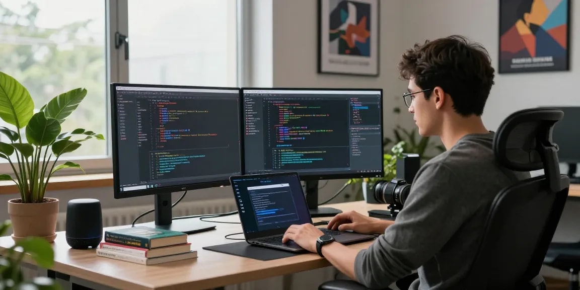 Developer utilizing moltbot in a modern workspace with dual monitors and coding tools.