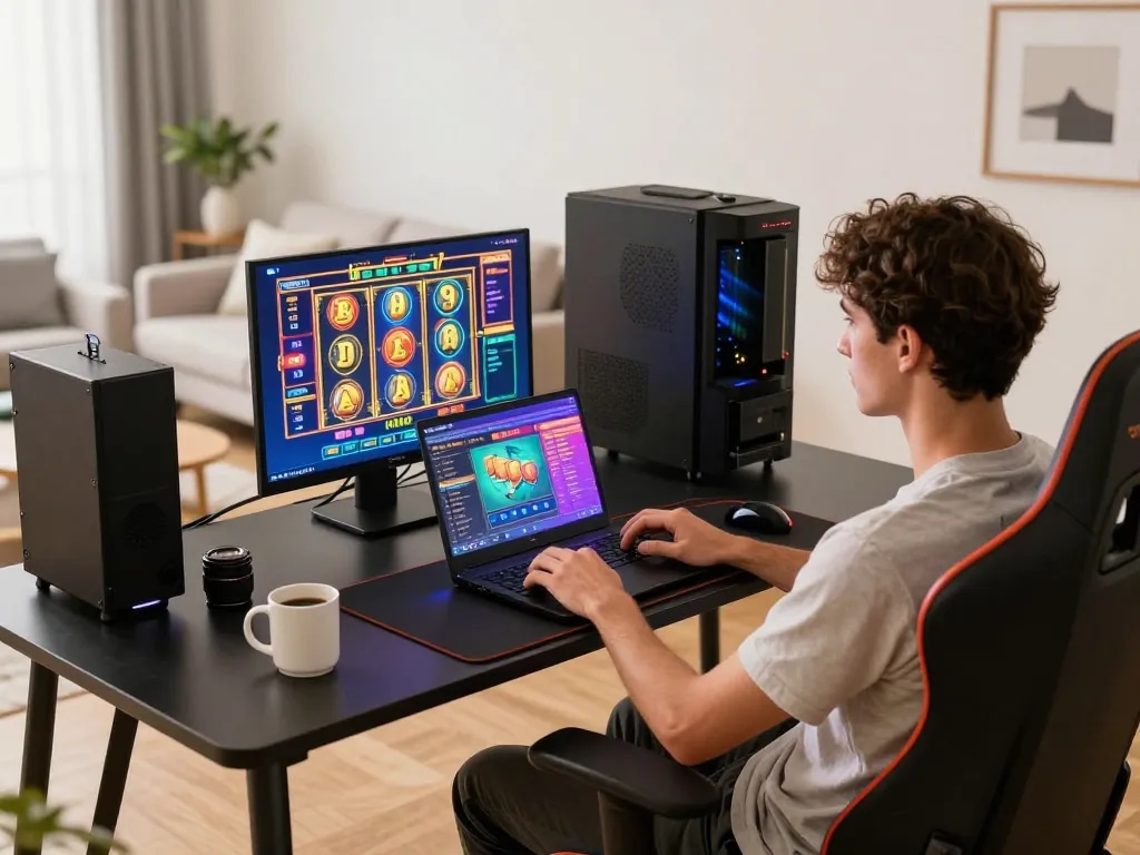 Engaging online gambling scene using KK55 app on a laptop at home, showcasing vibrant slot game interface.