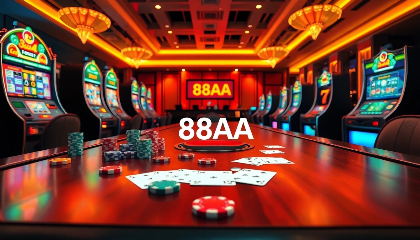 Engage in thrilling gameplay with 88aa at luxurious casino tables, featuring slot machines and poker chips.