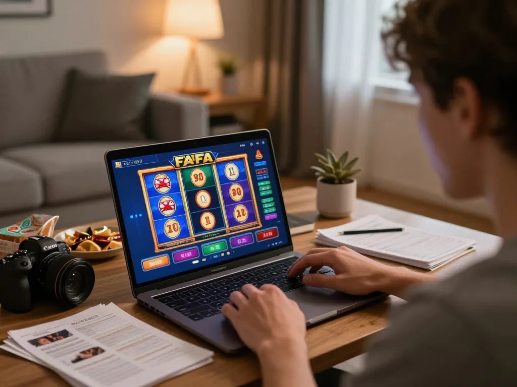Engaged player using FAFA 828 platform for online slots in a cozy home setting.