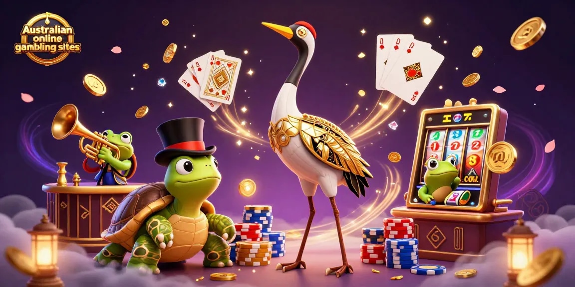 Engaging scene of Australian online gambling sites with a 3D crane, a top-hat turtle, and a trumpet frog amidst casino elements.