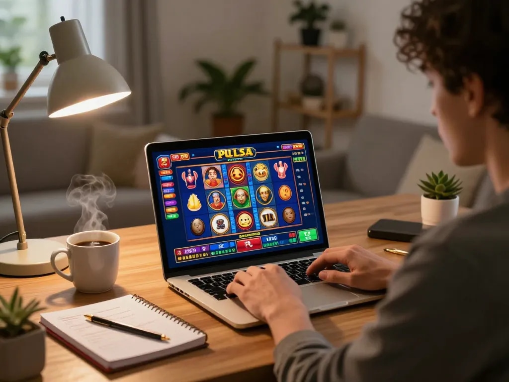 Engaging in a slot pulsa game on a laptop in a cozy home environment, showcasing responsible online gambling.