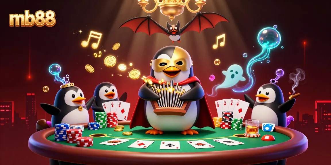 Experience thrilling gaming at mb88 with a dynamic scene featuring a penguin organ player amidst intense poker action.