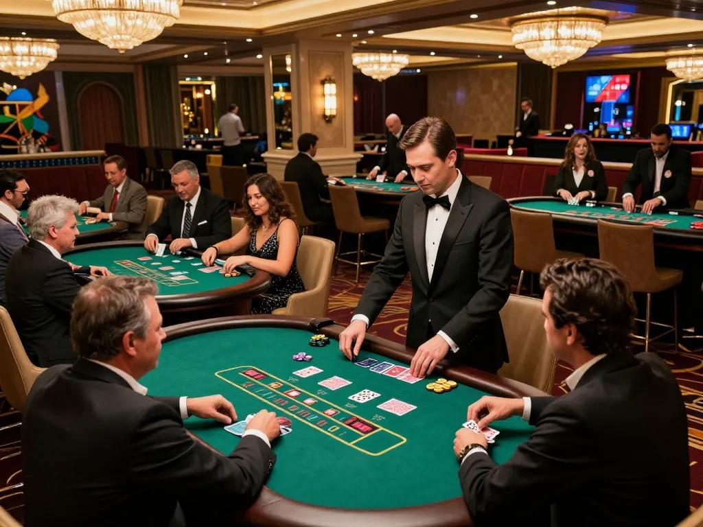 Engaged players enjoying blackjack at https://kjc.events/ upscale casino with elegant ambiance and professional dealer.
