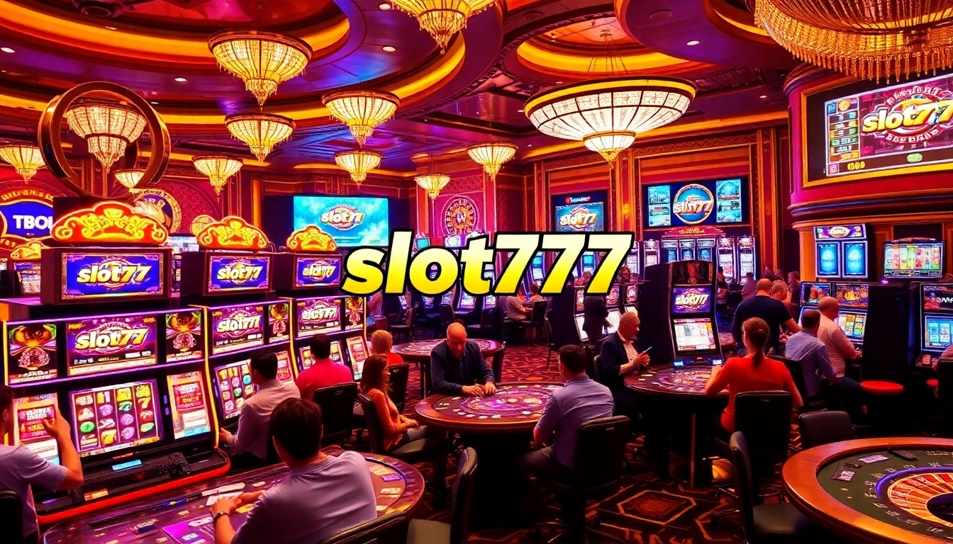 Experience the thrill of slot777 with vibrant slot machines and players in a luxurious casino setting.