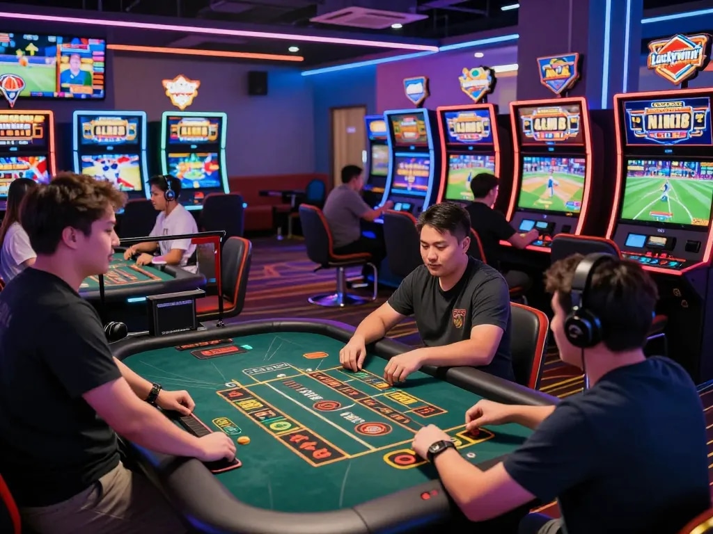 Players enjoying various games at Luckywin88's modern online casino, showcasing live betting and vibrant jackpots.