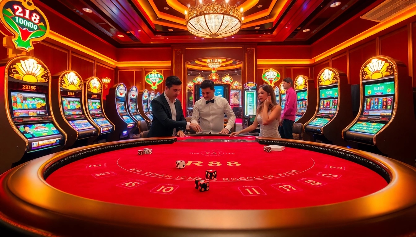 Exciting scene at nhà cái rr88 showcases lively players at a blackjack table in a luxurious casino.