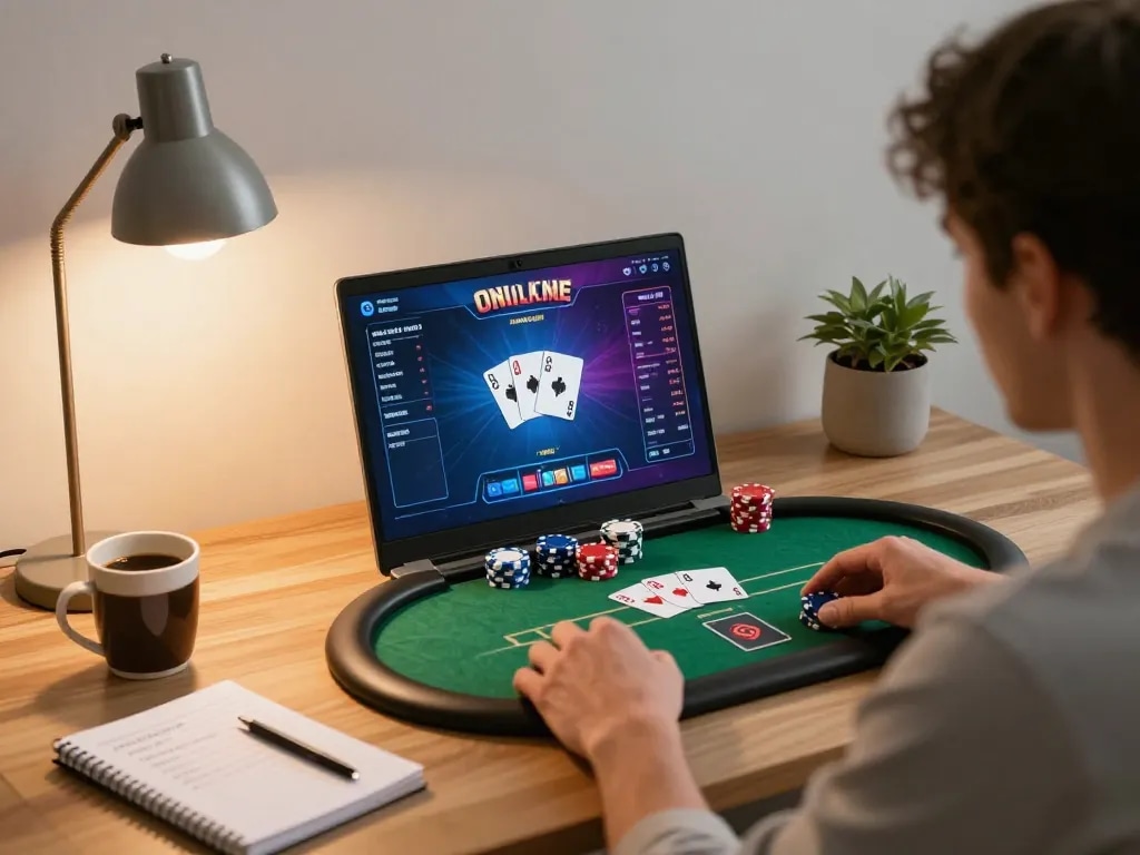 hi88 player engaging in online poker analysis with immersive gaming setup.