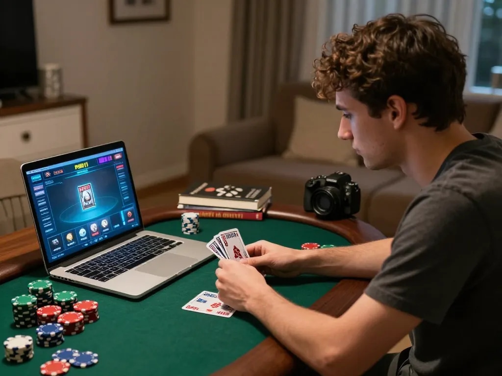Engaging in a thrilling PERI11 poker game online at home, showcasing a cozy atmosphere and focused strategy.