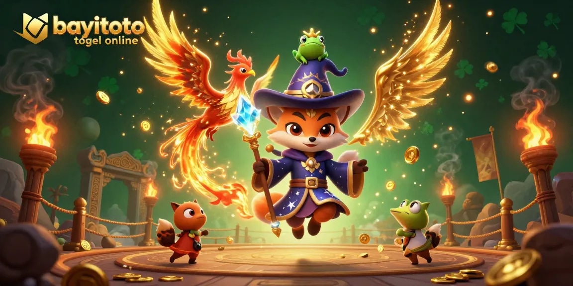 Experience the thrill of bayitoto togel online with a mystical scene showcasing magical characters and vibrant gambling elements.