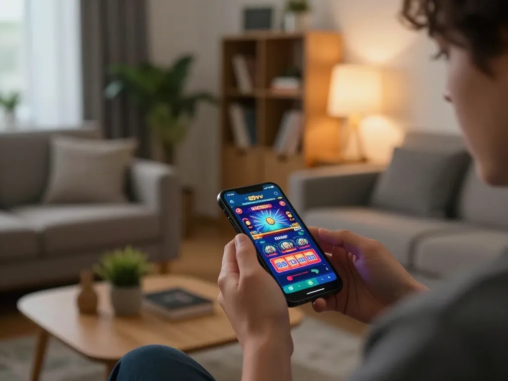 Engaging with the 88vv mobile app in a cozy living room atmosphere while playing casino games