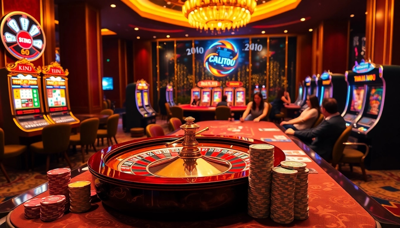 Players enjoying thrilling Tài Xỉu games at tg88 casino, showcasing vibrant poker chips and roulette wheels.