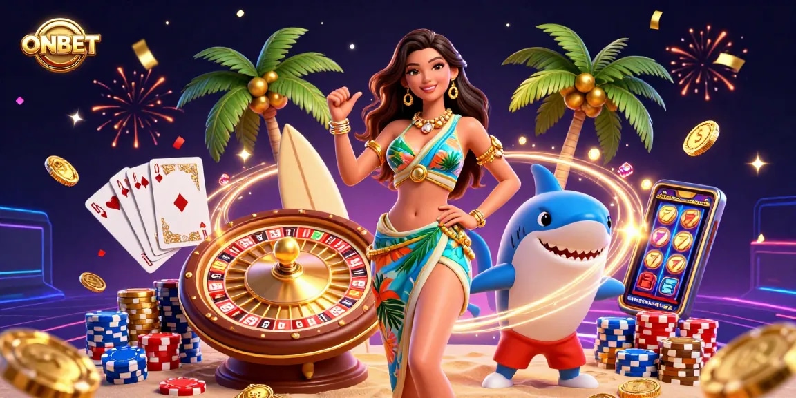 Experience ONBET gaming adventures with glamorous characters, golden coins, and dynamic casino elements.