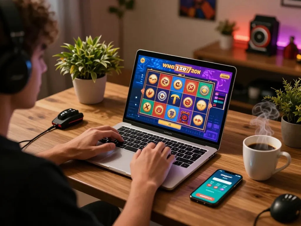 Nego77 player's immersive online gaming setup with laptop, smartphone, and cozy ambiance