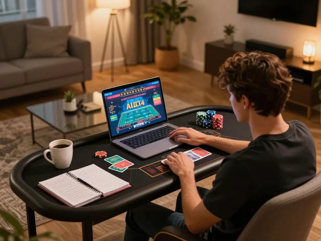 Player engaging with CM88 online casino while managing betting strategies from home