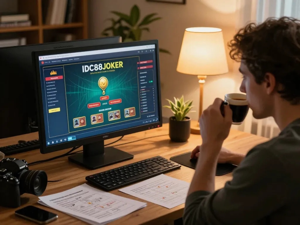 Players enjoying IDC88JOKER online casino gaming, highlighting strategic bets in a cozy home setting.