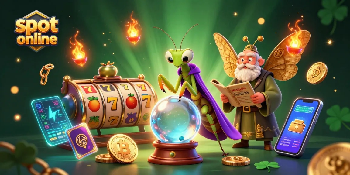 Mainkan slot online dengan gaya, dikelilingi simbol keberuntungan dan koin kripto di dunia kasino virtual.