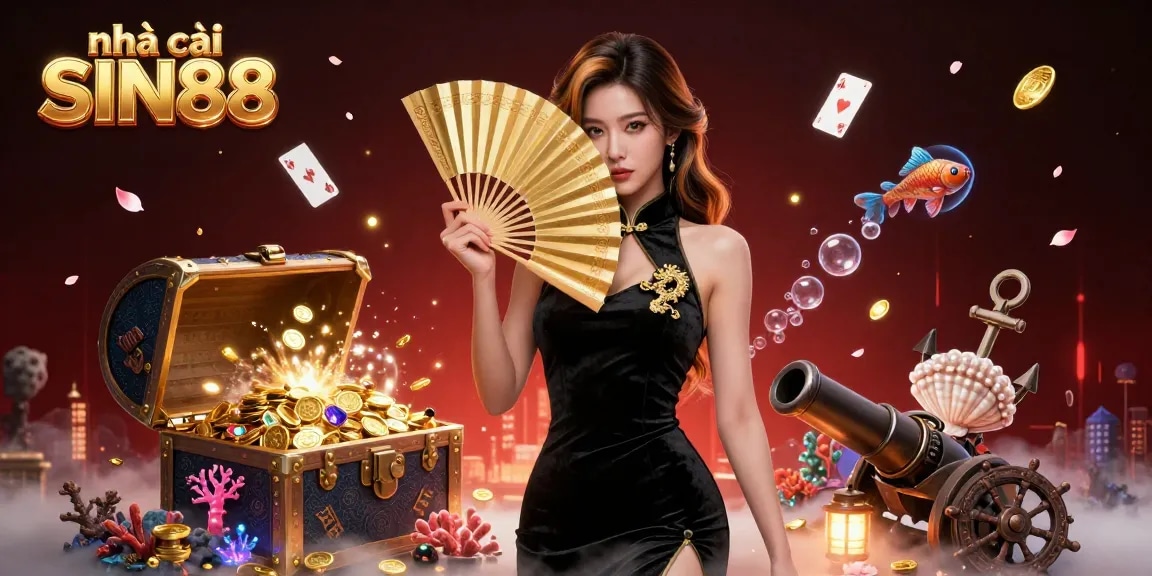 Experience thrilling gaming at nhà cái SIN88 with a radiant illustration showcasing an elegant character amidst sparkling treasures.