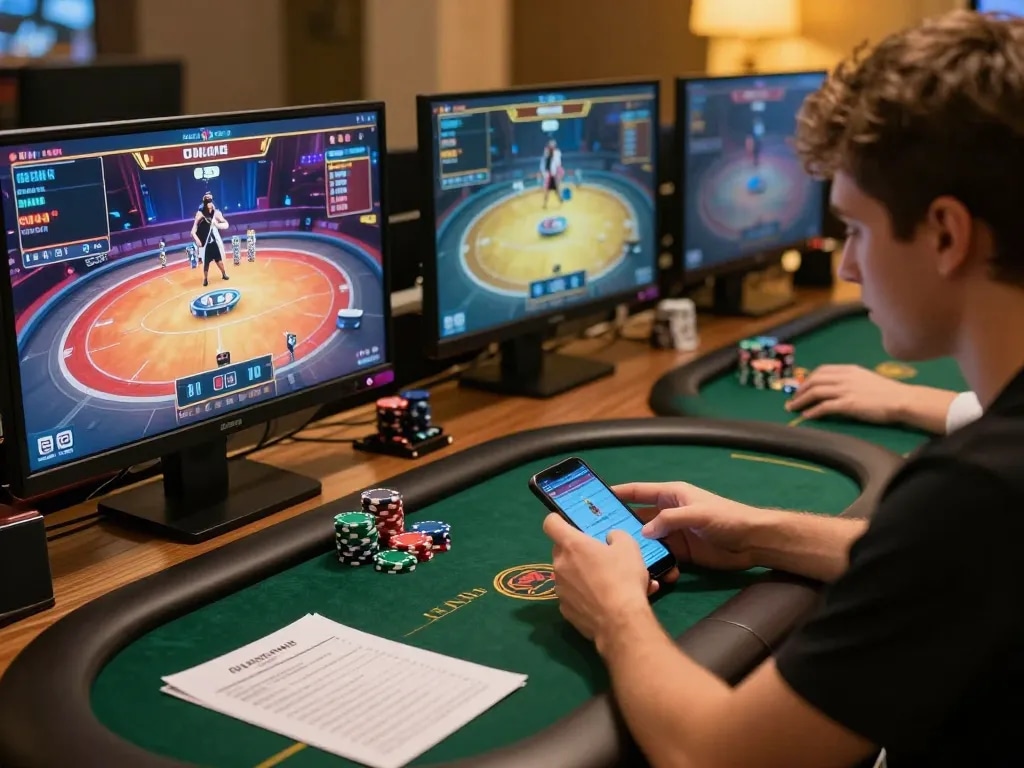 Player engaging in situs idn poker on multiple screens with focused intensity and strategy notes.