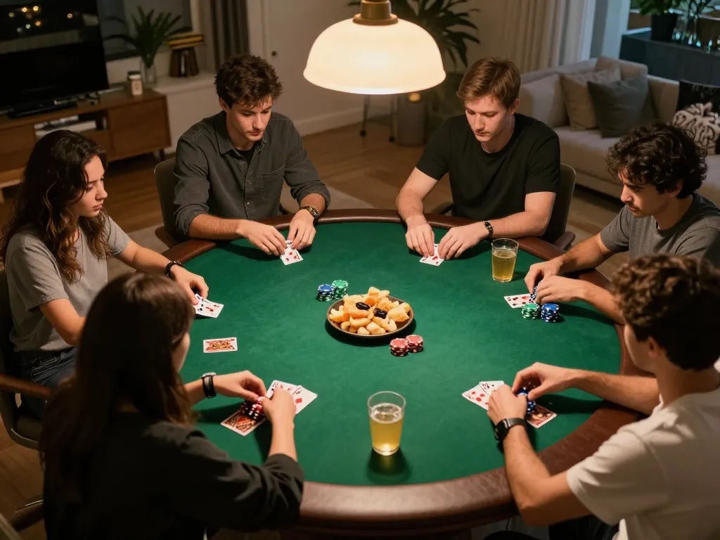 NK88 players engaging in intense poker strategy during a home game night, creating a lively atmosphere.