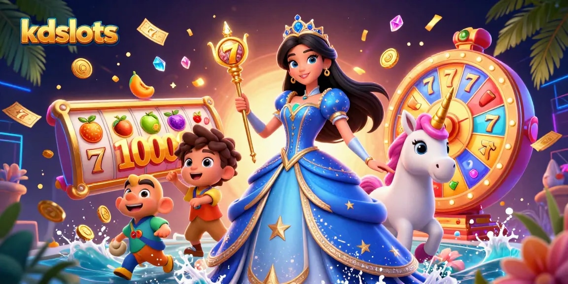 KDslots login scene featuring a glamorous woman with a unicorn, dynamic game elements, and vibrant casino atmosphere.