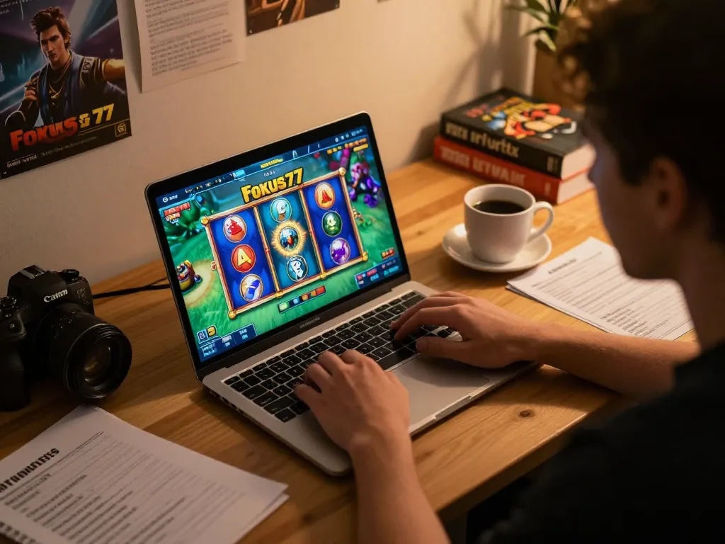 Engaged player strategizing with Fokus77 slot game on laptop while surrounded by notes.