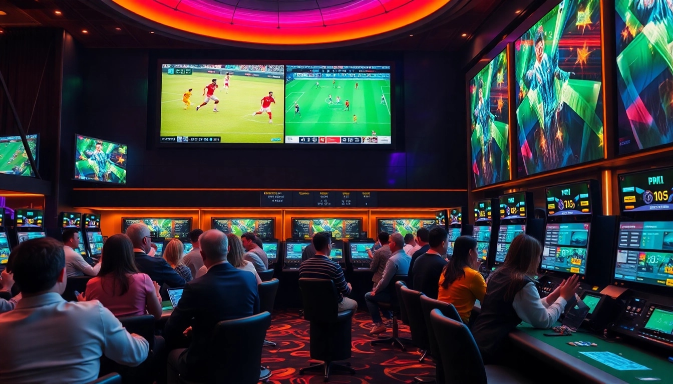 Exciting scene at Situs Judi Bola Terbesar Di Dunia showcasing vibrant sports betting with engaged players and live match displays.
