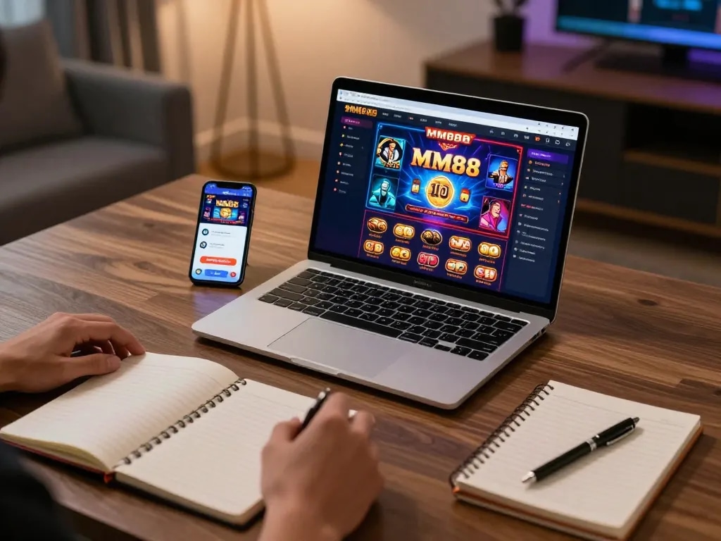 Engaging in online casino gaming on MM88 platform, showcasing dynamic gaming setup and strategic engages.