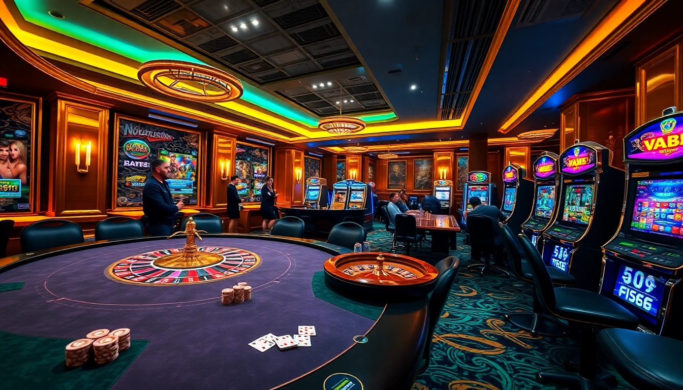 VA88 gamers enjoy an exciting poker match at a luxurious casino table with vibrant lighting.