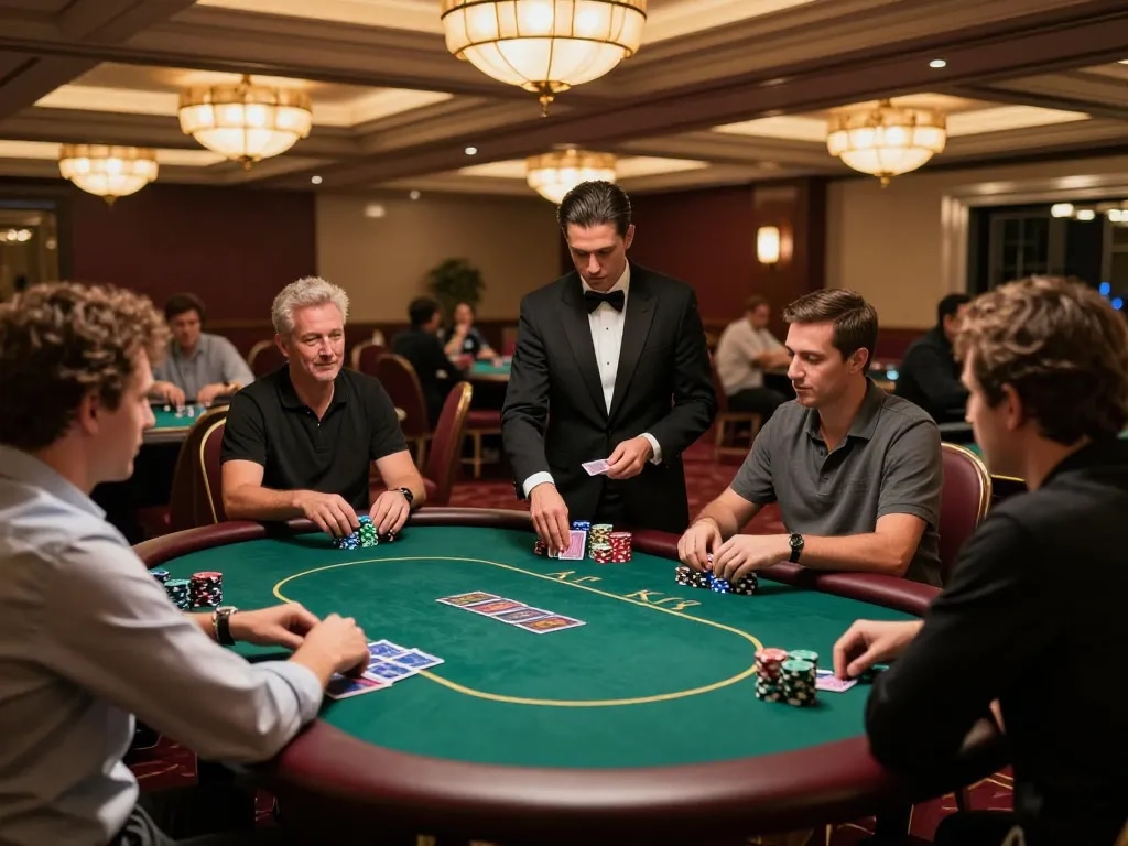 Players enjoying poker at BJ88 casino, engaging in high-stakes gameplay with chips stacked on green felt tables.