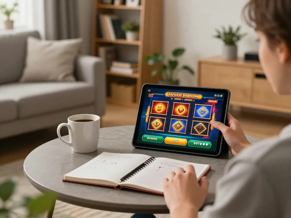 Engaging in online gaming on ligalgo with tablet and strategic notes in a cozy home setting.