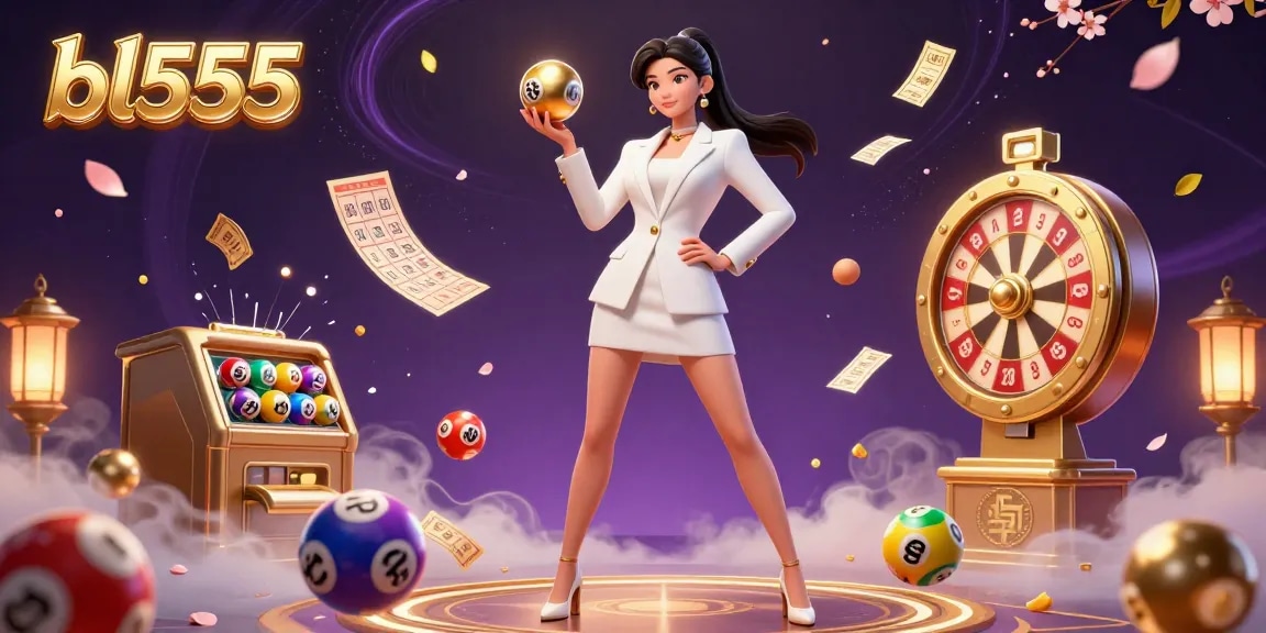 Engage in lively fun at bl555 with a vibrant 3D digital casino scene featuring colorful lottery elements and a confident woman.