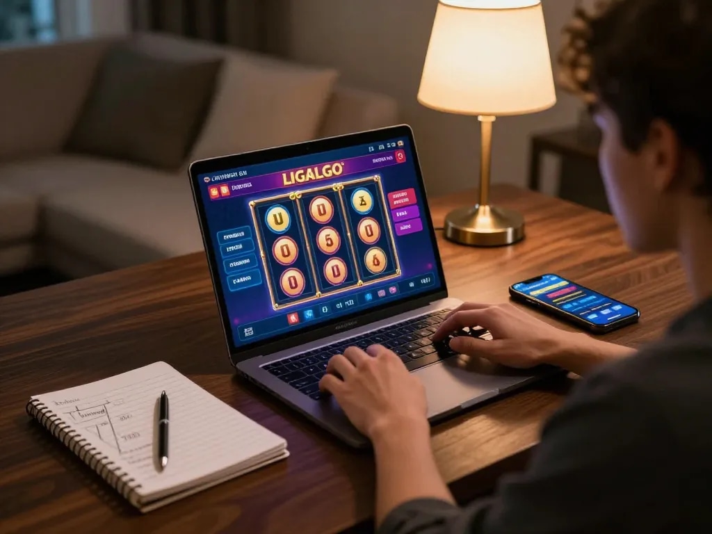 LIGALGO player engaging with demo slots on a laptop while analyzing strategies for better odds