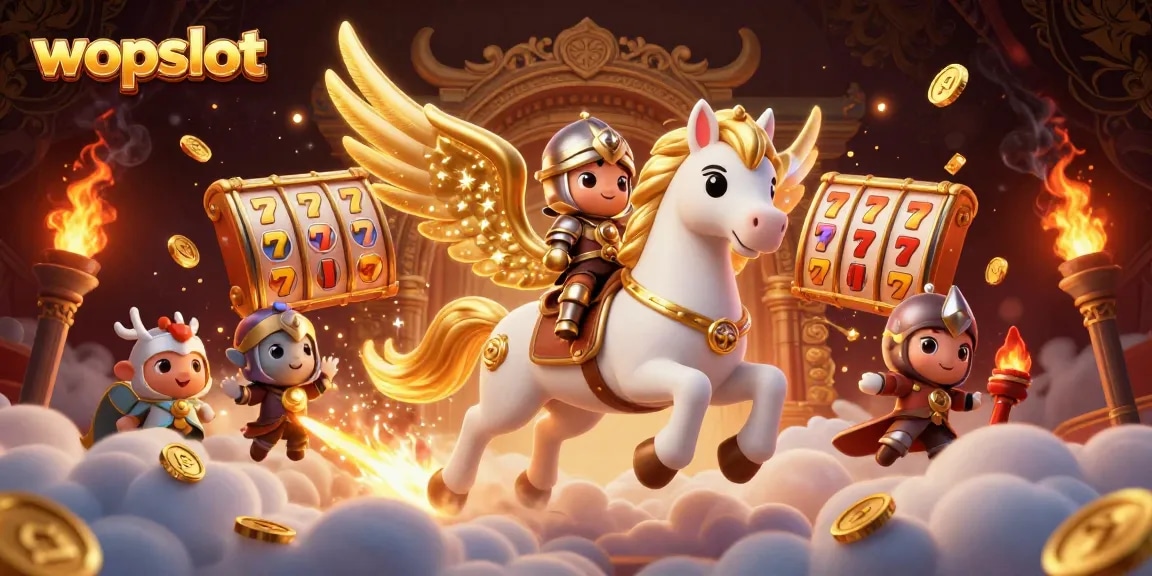 Spin the reels and win at WOPSLOT in an enchanting 3D illustration featuring a vibrant casino scene.