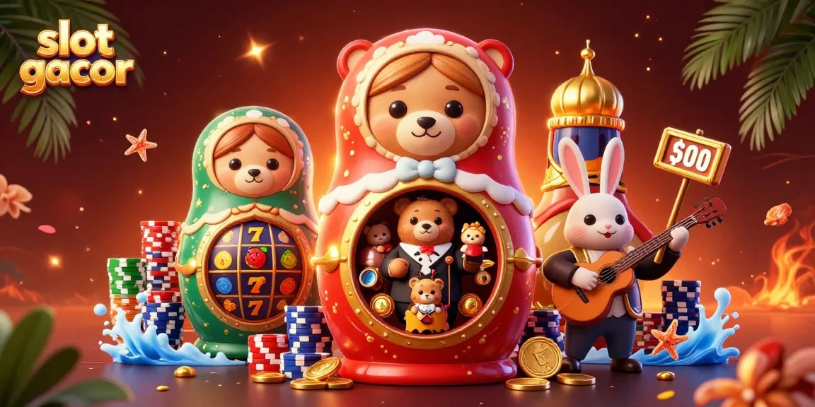 Slot gacor menampilkan beruang Matryoshka dan dealer kasino di panggung yang meriah.