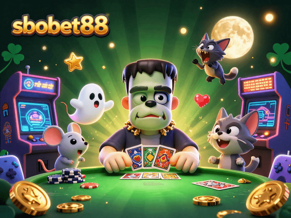 Engaging sbobet88 experience at a spooky casino table with dynamic game elements and lively characters.