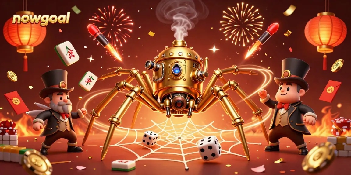 Capture thrilling moments at nowgoal with a steampunk spider and a trapped fly gentleman amidst vibrant gambling symbols.