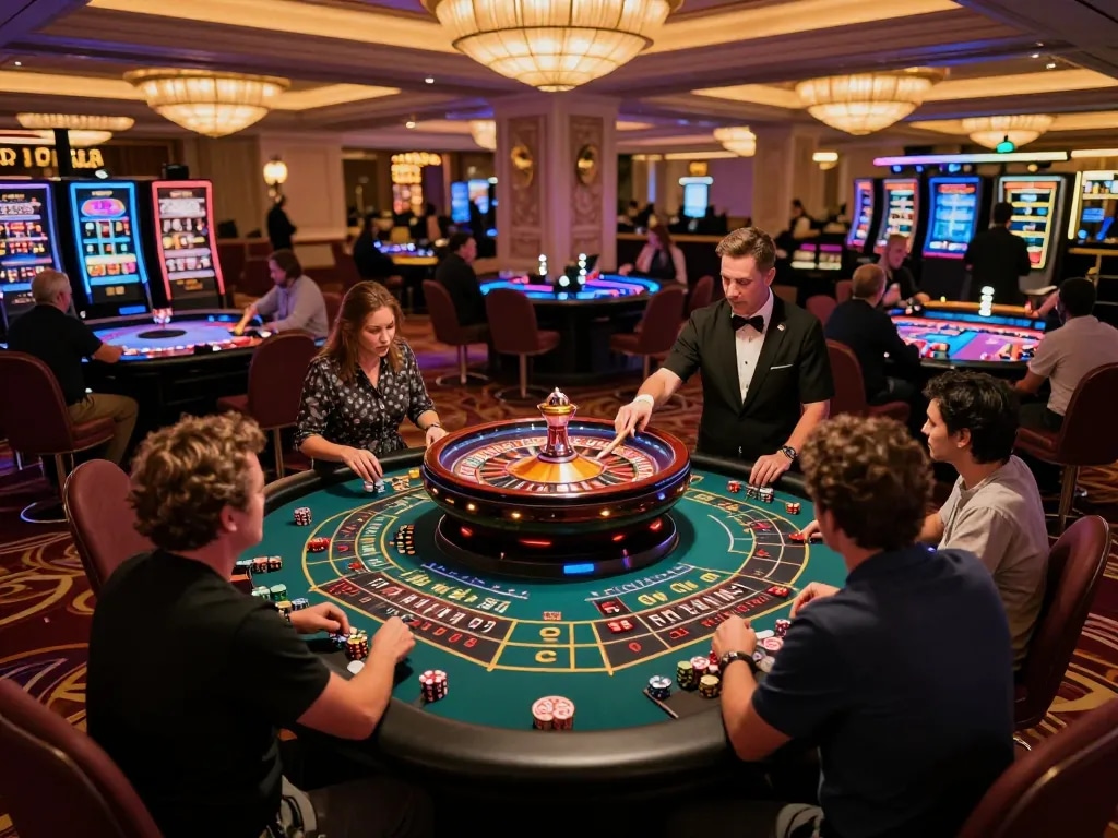 Players engaging in roulette action at MM88 casino, vibrant lights and chips creating an exciting atmosphere.