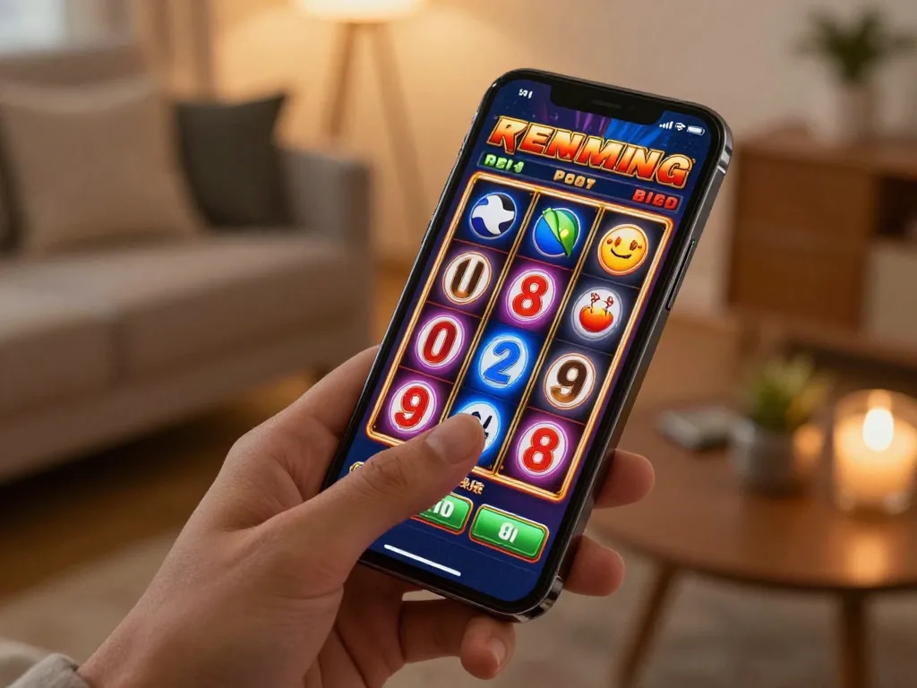 Player enjoying a thrilling slots game at home using mb88slot app, highlighting vibrant graphics and excitement.